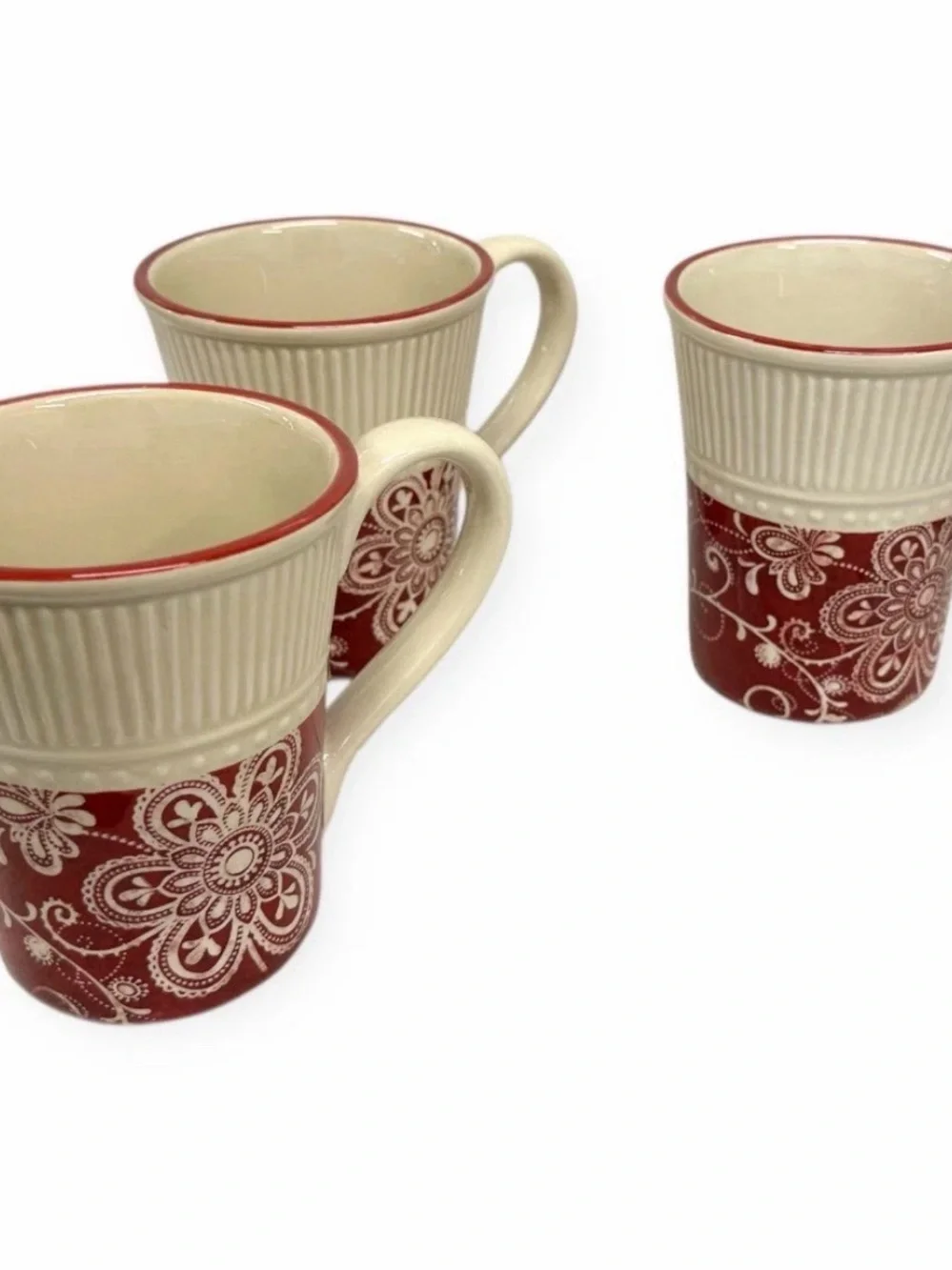 Pier 1 Imports Maribeth Ironstone Mugs Set of 3 Burgundy Cream Floral Cups
